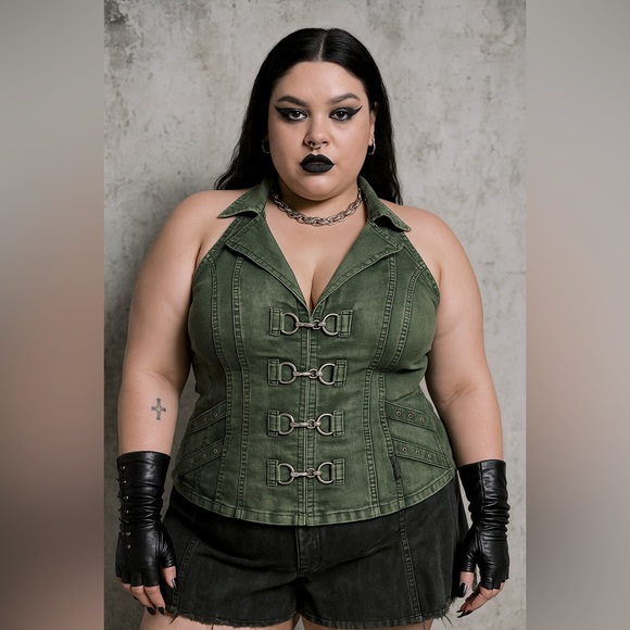 TRIPP NYC Peace Acid Was Denim Corset Vest Halter Top Buckle Front Army Green 1X - Picture 1 of 7
